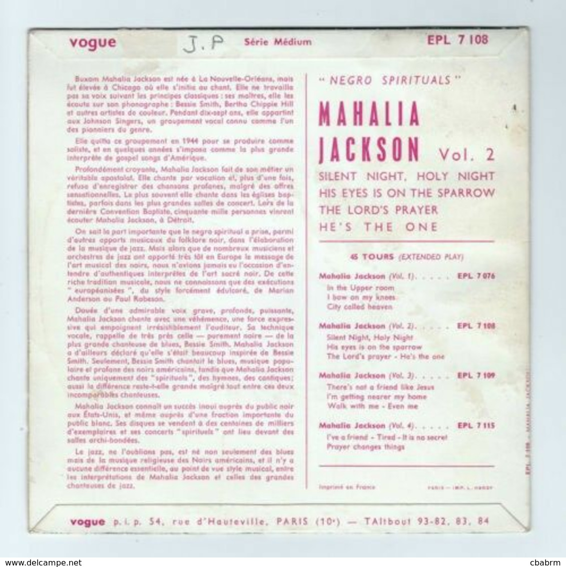 EP 45 TOURS MAHALIA JACKSON NEGRO SPIRITUALS VOGUE EPL 7108 - Jazz