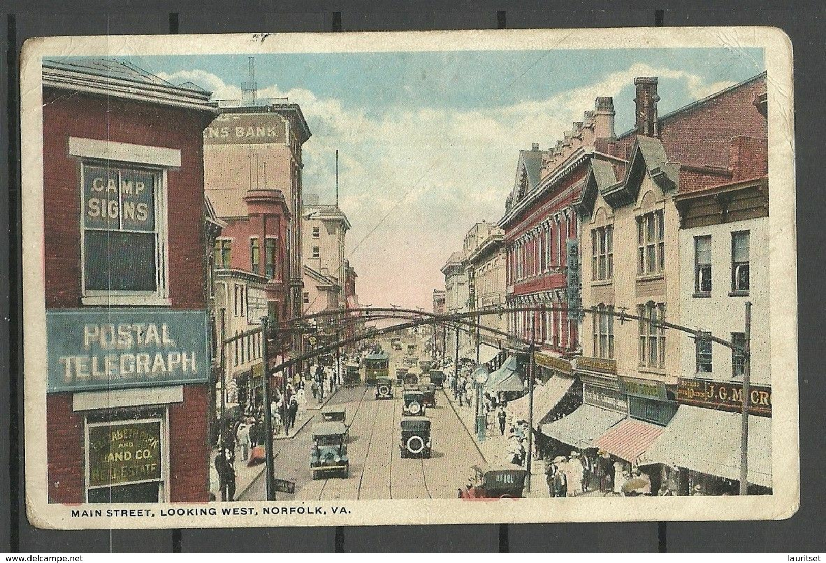 USA Norfolk Main Street Colored Post Card Louis Kaufmann & Sons Baltimore Sent To Estonia - Norfolk