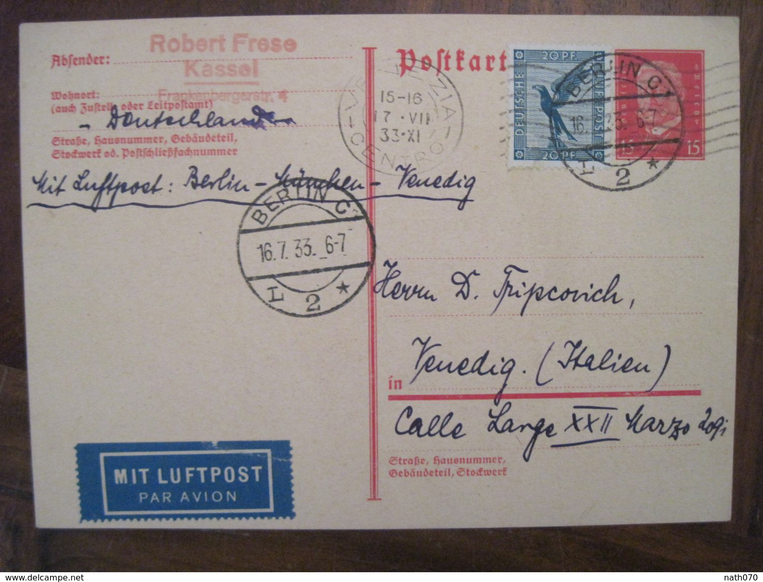 1933 Venedig Italien Mit Luftpost Flugpost Air Mail Cover Deutsches Reich Allemagne Italia Venezia Venise Postkarte - Autres & Non Classés