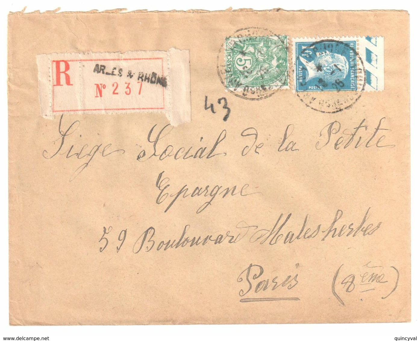 ARLES S RHONE Lettre Recommandée 1 F Pasteur Bord De Feuille 5c Blanc Yv 111 179 Ob 18 1 1926 - Covers & Documents