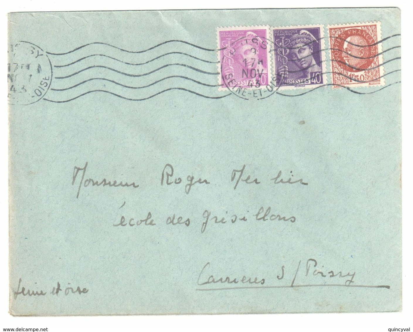 POISSY Seine Et Oise Lette 1,50 F Pétain 20c Lilas 40c Violet Mercure Yv 410 413 517 Ob Meca 9 11 1943 - Storia Postale