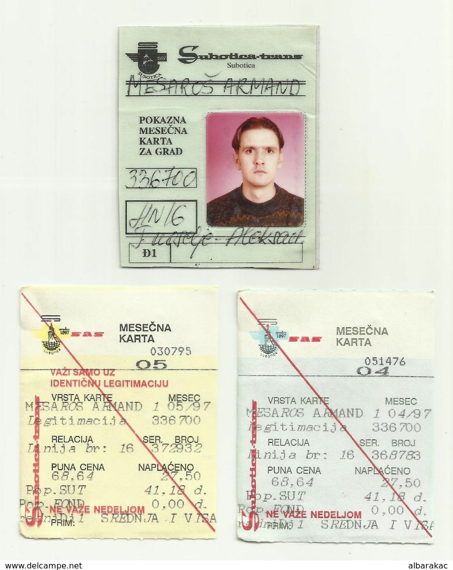 Yugoslavia - Subotica City Bus Ticket 1997 And Membership Card - Europa