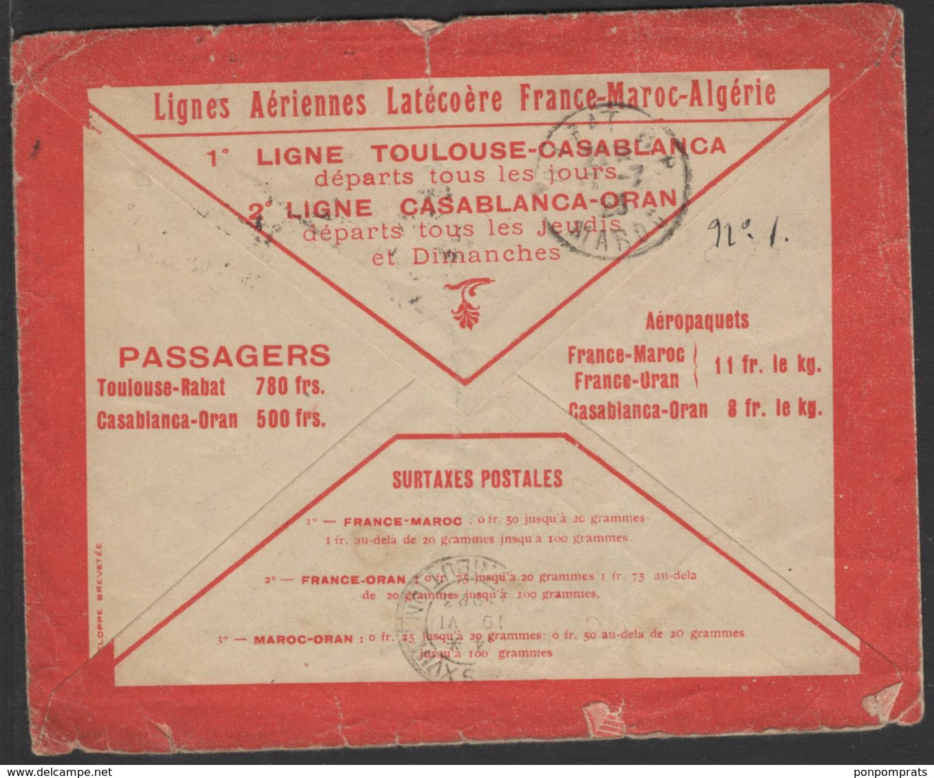 Enveloppe Par AVION Type « Latécoere » Rouge Affie Avec 50c PA Du MAROC + Vignette GUYNEMER Oblt FEZ VILLE NOUVELLE. - Luftpost