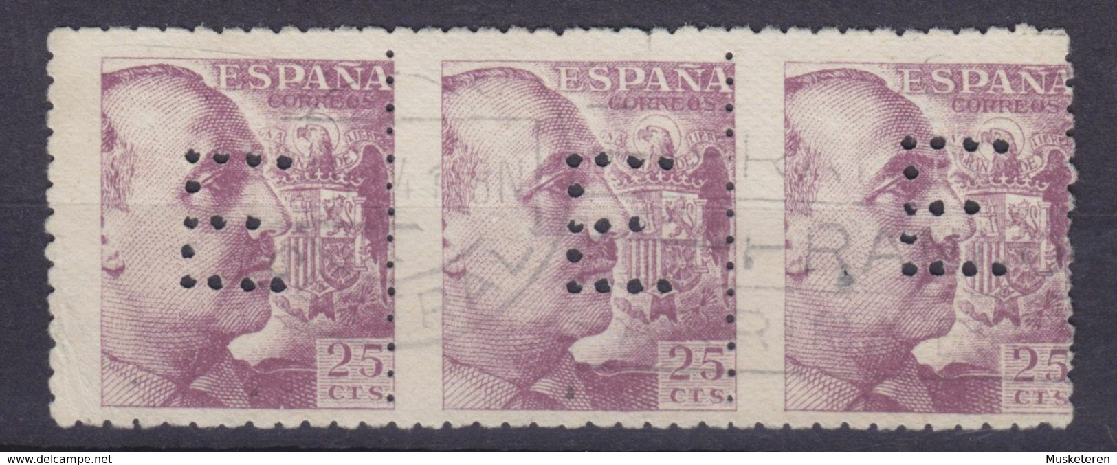 Spain Perfin Perforé Lochung 'E' 25c. Franco 3-Stripe ERROR Variety Misplaced Perf. !! SCARCE (2 Scans) - Variedades & Curiosidades