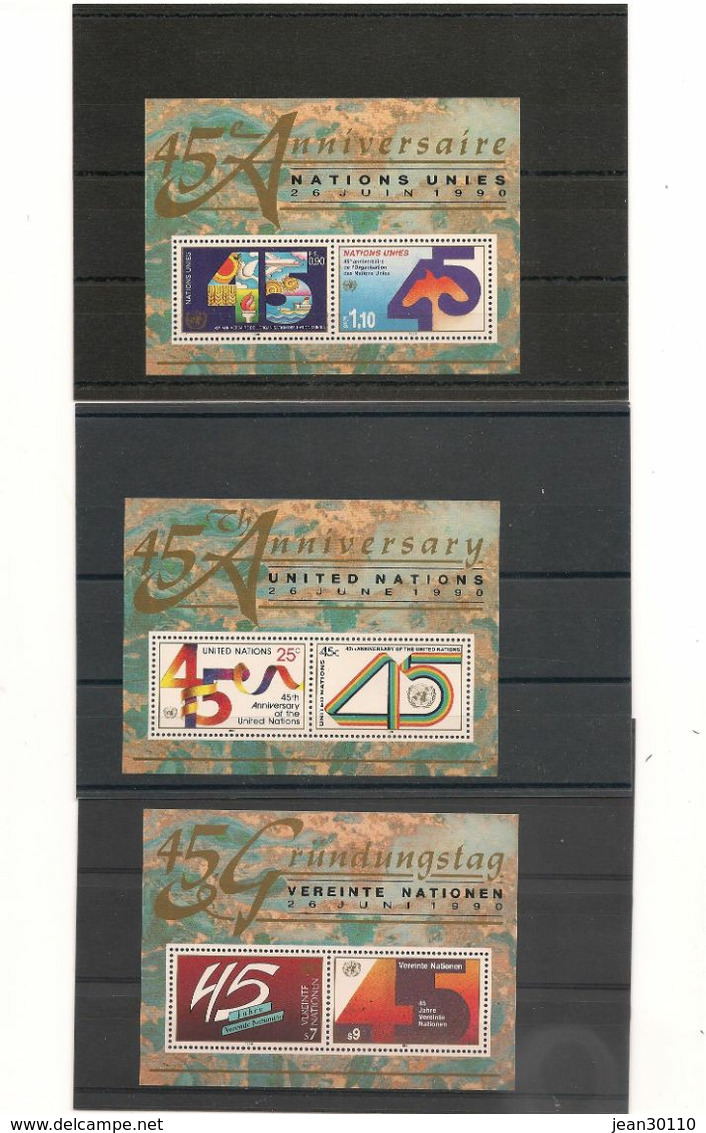 1990 ANNIVERSAIRE DES NATIONS UNIES BLOCS N° 5-6-11** COTE : 14,90 € - Emisiones Comunes New York/Ginebra/Vienna