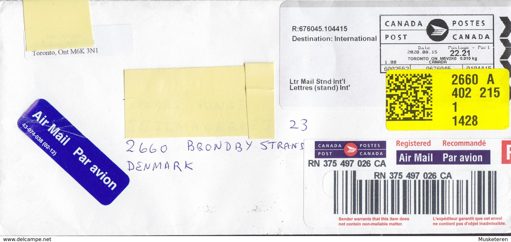 Canada Air Mail Par Avion & Registered Recommandé Labels TORONTO 2020 Cover Lettre BRØNDBY STRAND Denmark - Covers & Documents