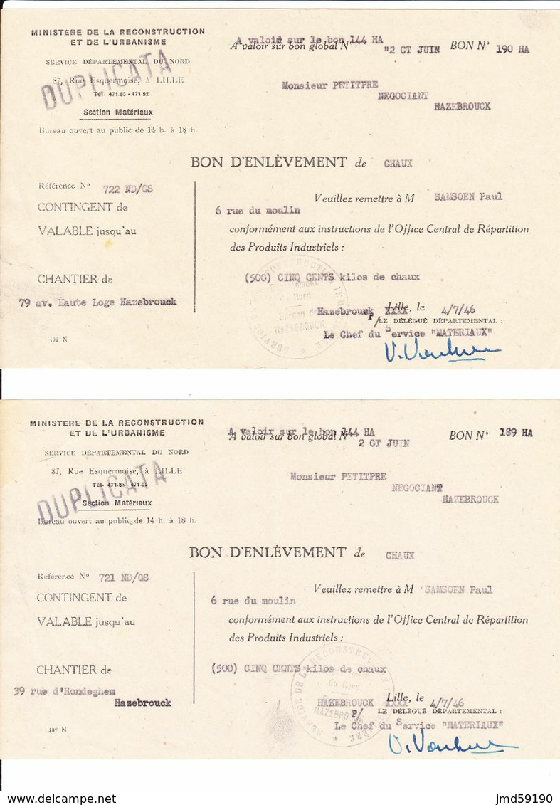 Militaria Aprés Guerre 39/45 Ministère De La Reconstruction Et De L'urbanisme - 2x BON D'ENLEVEMENT - NORD 59 - Historische Dokumente