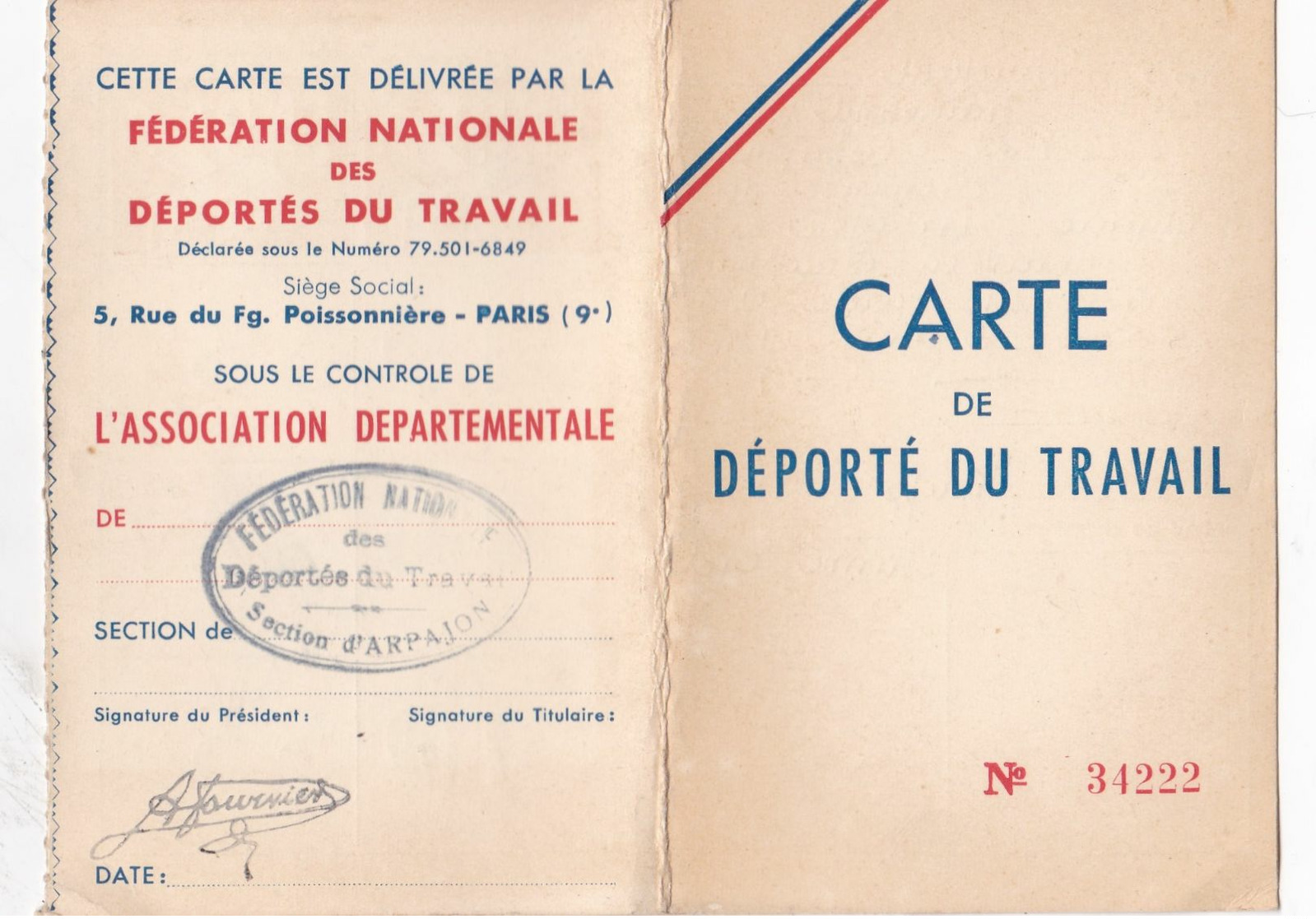 CARTE D ADHERENT  CARTE DE DEPORTE DU TRAVAIL 1952 1955 SECTION ARPAJON 91 - Historische Documenten