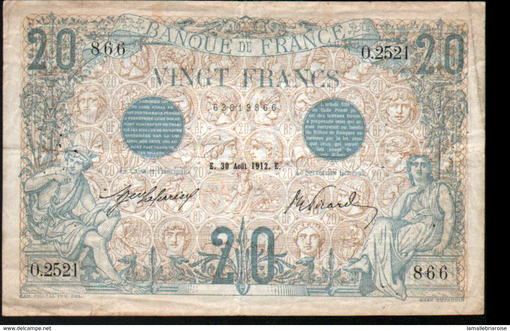 France - 20 Francs "BLEU", 30 Aout 1912 - 20 F 1905-1913 ''Bleu''