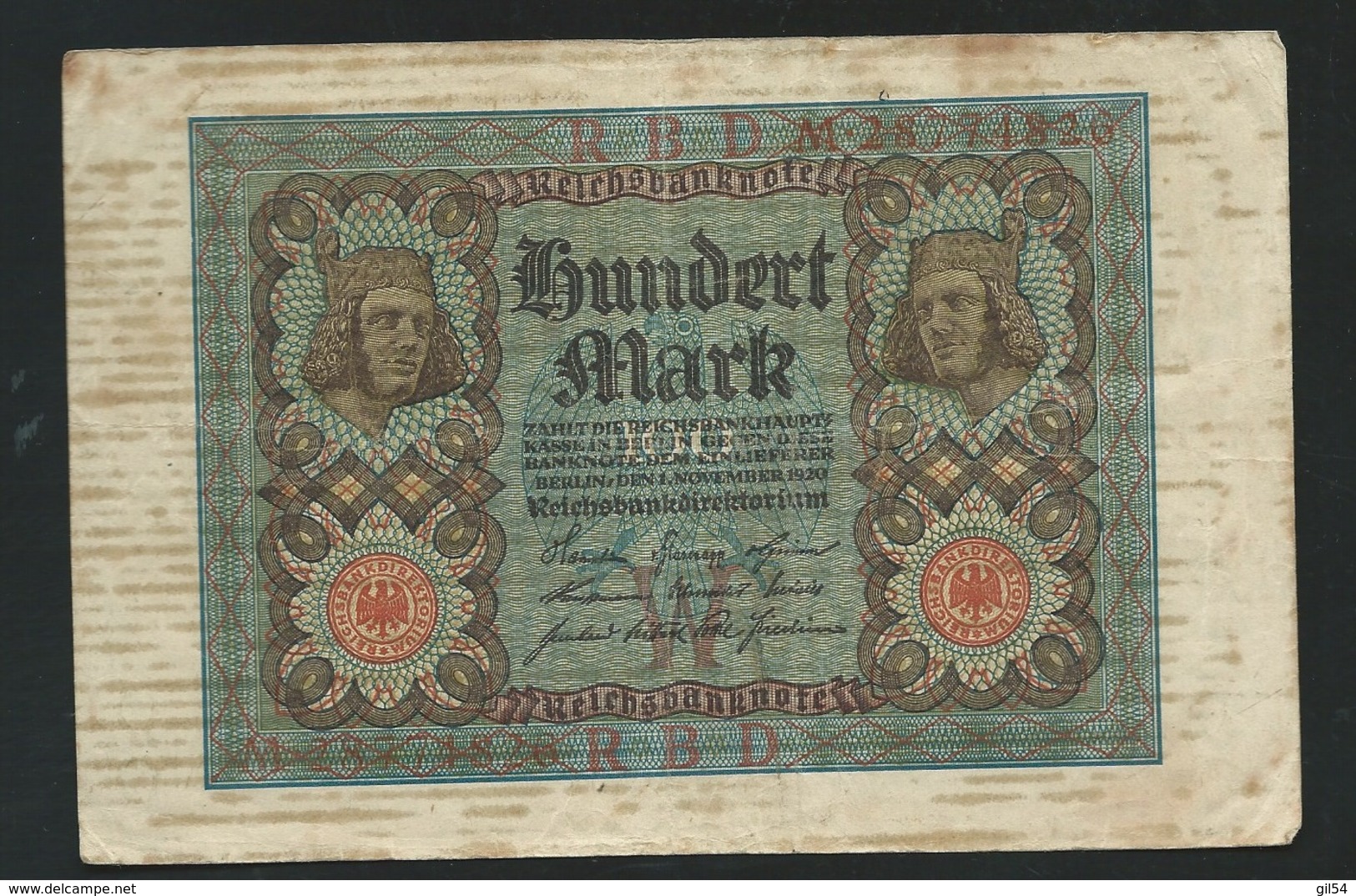 DEUTSCHLAND - ALLEMAGNE - 100 Mark Reichsbanknote - 1920  M 28774826 Laura 5406 - 100 Mark