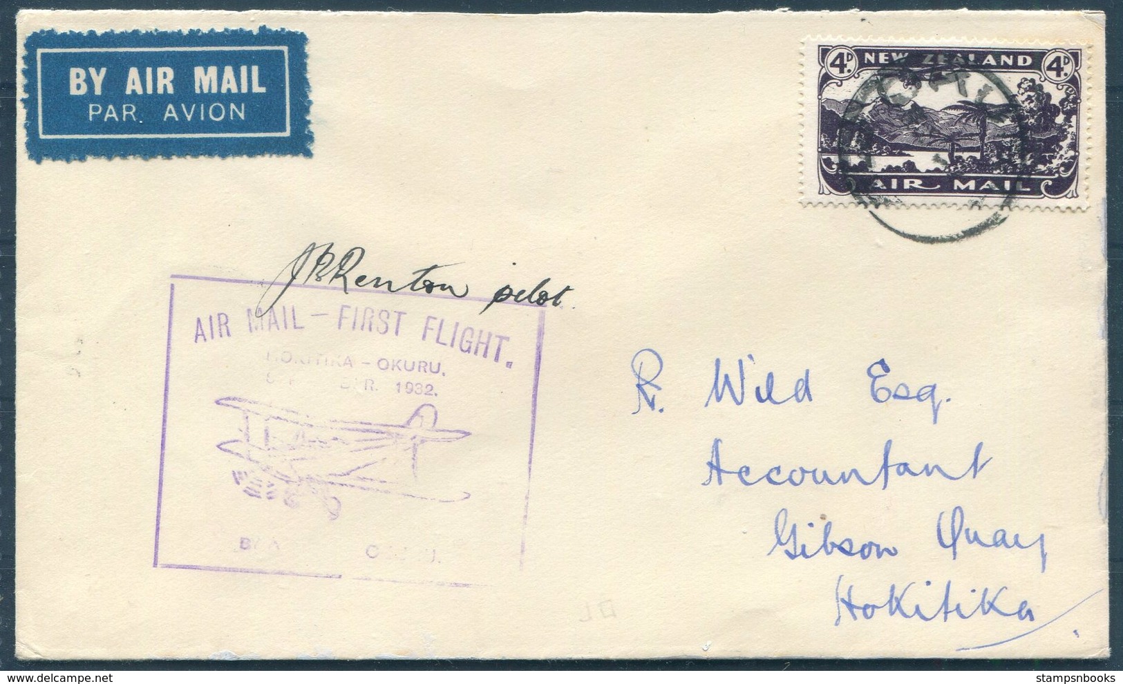 1932 New Zealand Pilot Signed First Flight Cover Okuru -Hokitika. - Airmail