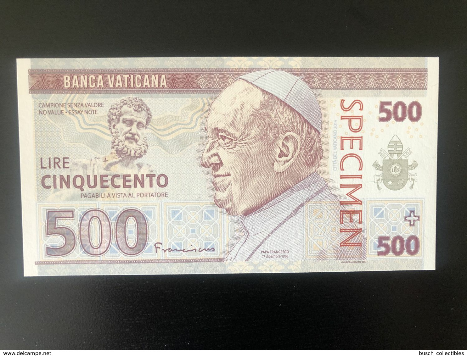2014 Matej Gabris 500 Lire Vatican Vaticano Pape Pope Past Francesco François UNC SPECIMEN ESSAY Tirage Limité - Fictifs & Spécimens