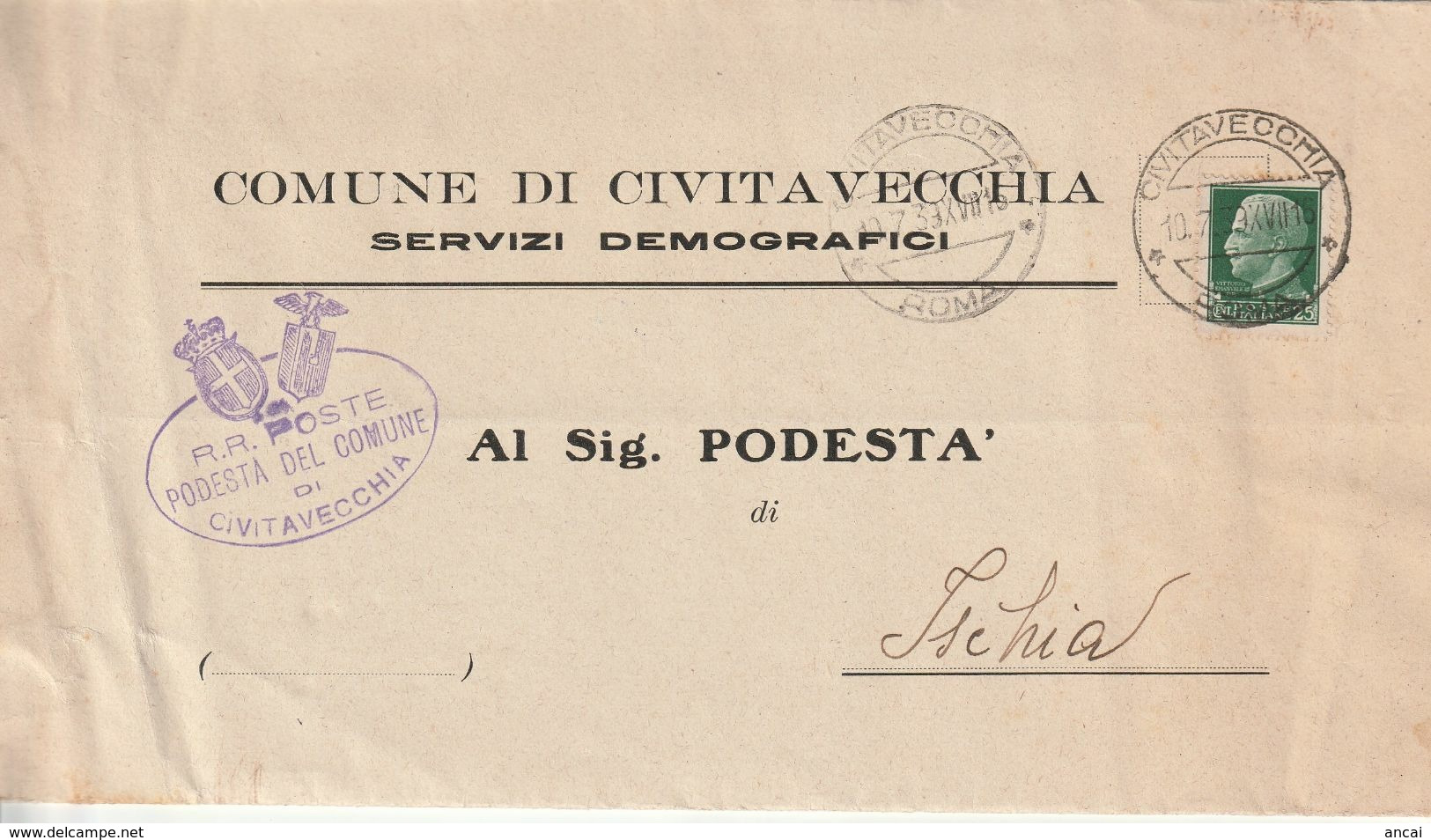 Civitavecchia. 1939. Annullo Guller CIVITAVECCHIA *ROMA* + Ovale PODESTA' DEL COMUNE .. Su Lettera Per Ischia, Con Testo - Marcophilie