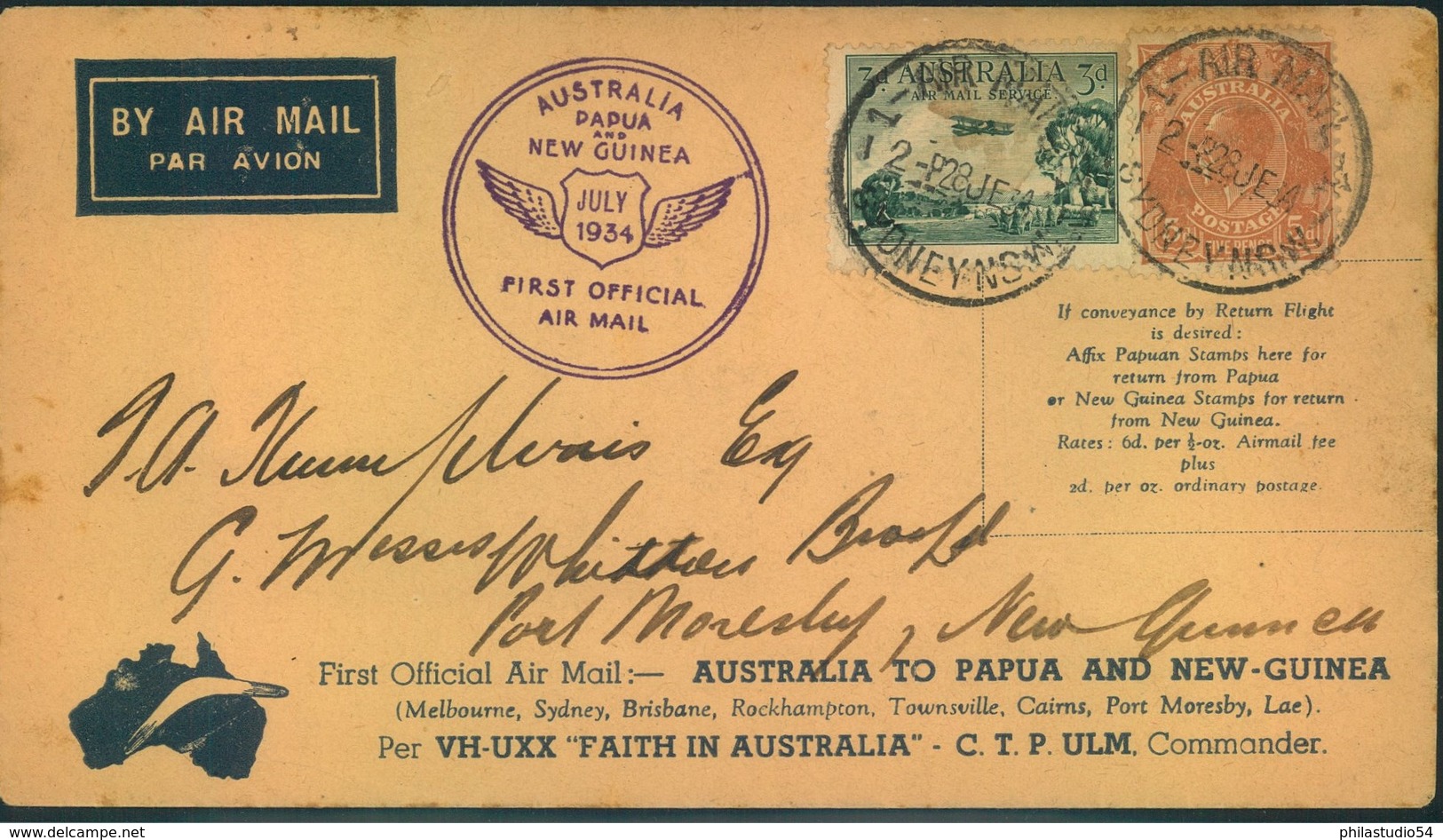 1934, First Flight "AUSTRALIA TO PAPUA AND NEW GUINEA" Sydney To Porto Moresby - Eerste Vluchten