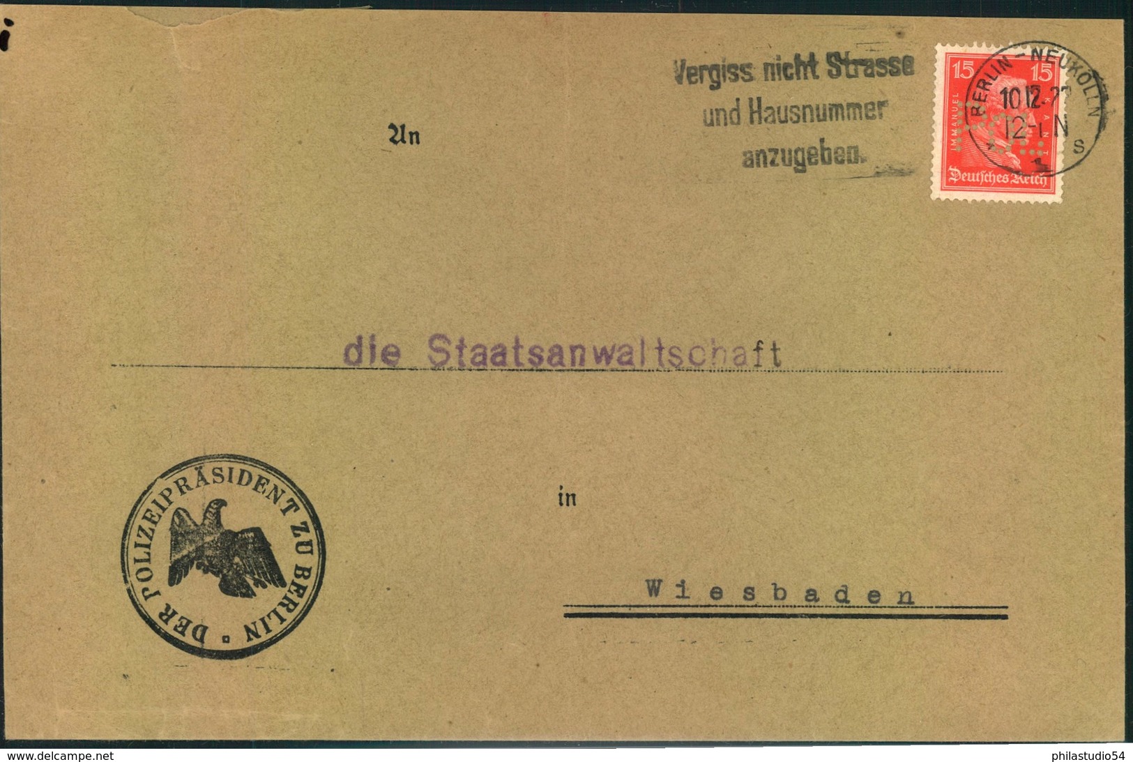 1927,  POL-Lochung 15 Pfg. Kant Auf Brief "Der Polizeipräsident In Berlin" - Other & Unclassified