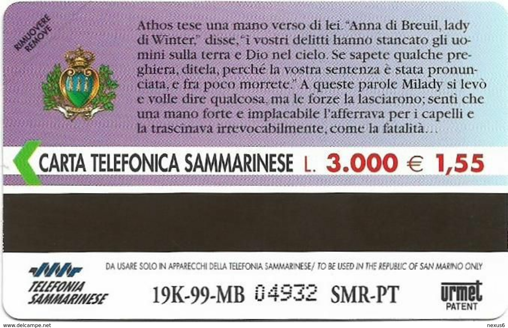 San Marino (URMET) - RSM-042 - Famous Novels - I Tre Moschettieri - 09.1999, 3.000L, 19.000ex, Mint - Saint-Marin