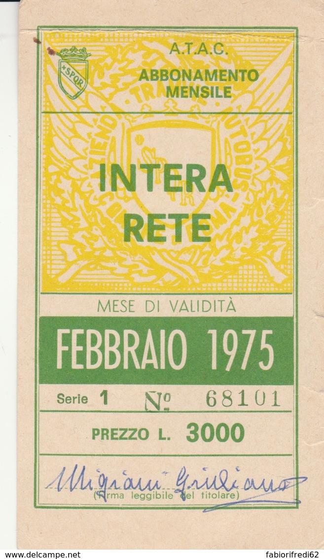 ABBONAMENTO ATAC ROMA FEBBRAIO 1975 (BY1741 - Europa