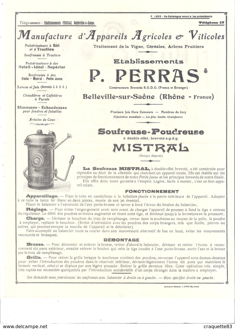 MAFUFACTURE D'APPAREILS AGRICOLES ET VITICOLES- ETABLISSEMENTS PERRAS .BELLEVILLE/SAONE  -soufreuse-poudreuse MISTRAL - Reclame