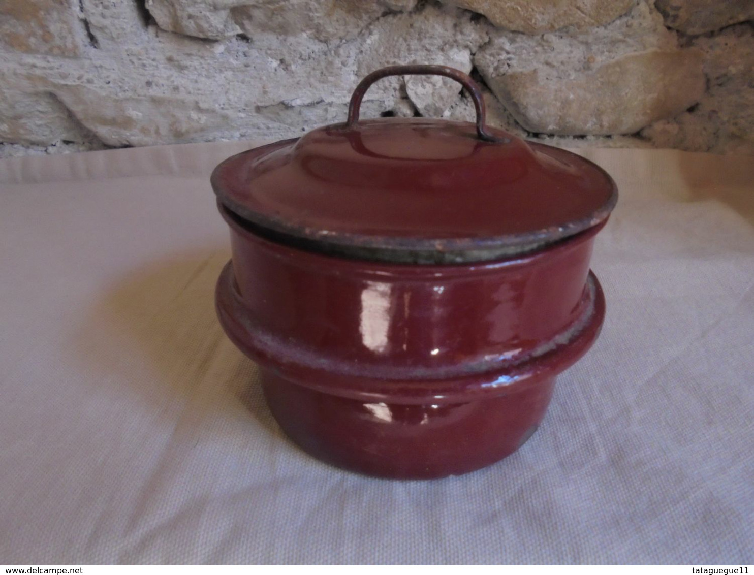 Ancien - Petit Pot Avec Couvercle - Haut De Gamelle En Tôle émaillée - Sonstige & Ohne Zuordnung