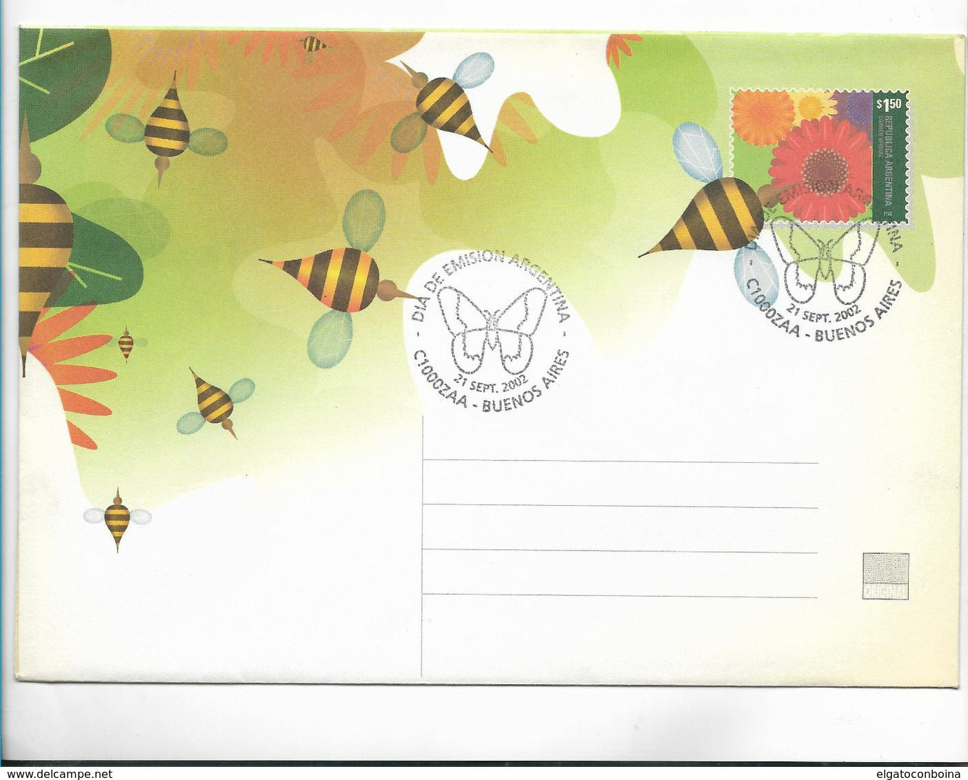 ARGENTINA 2002 STATIONERY COVER FIRST DAY CANCEL BUTTERFLIES FLOWERS - Oblitérés