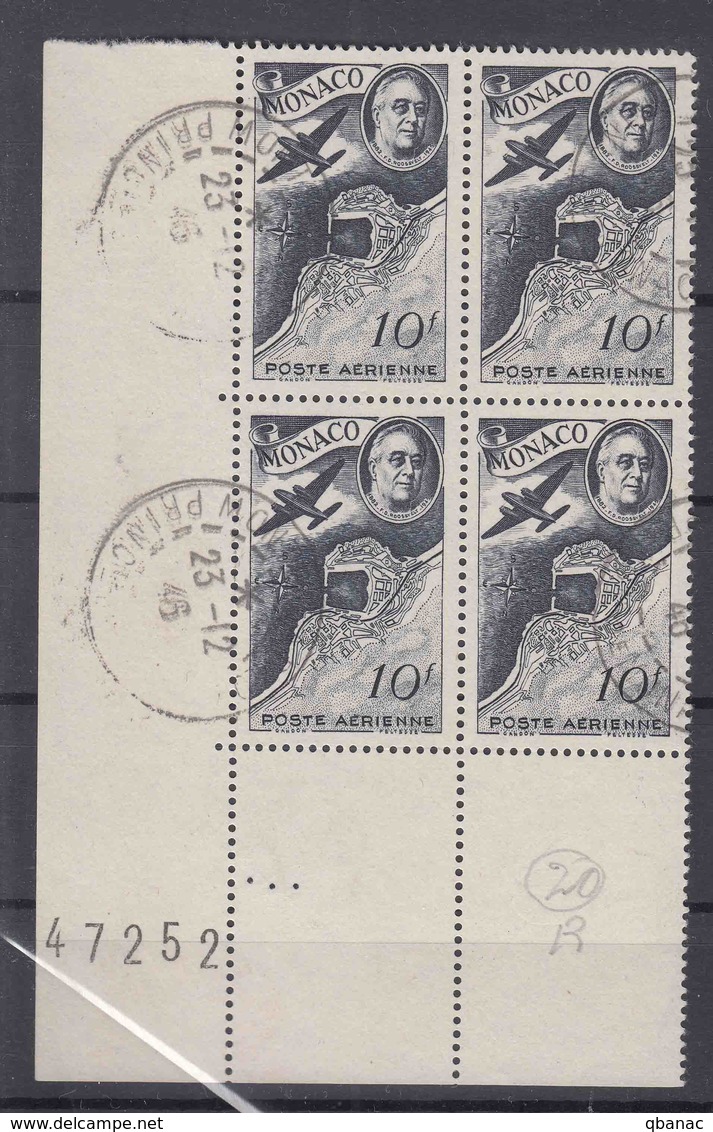 Monaco 1946 Airmail Mi#329 Used Piece Of Four - Used Stamps