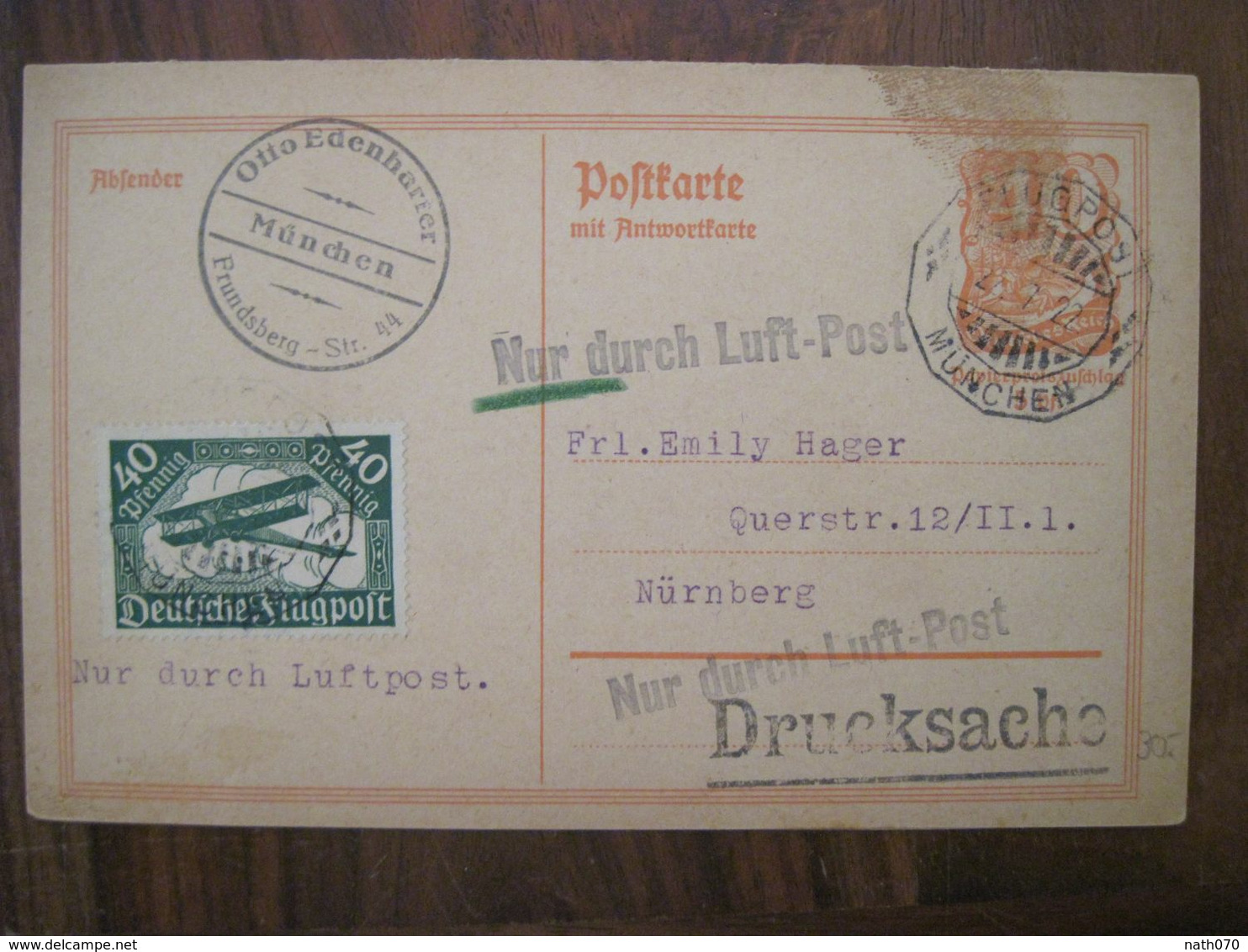1922 Nur Durch Mit Luftpost Flugpost Air Mail Cover Deutsches Reich Allemagne Postkarte Postflug Luft Post Drucksache - Luchtpost & Zeppelin
