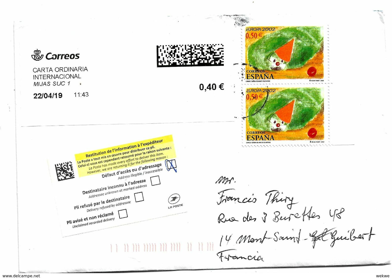 EP323 / SPANIEN - Retourbrief 2019 - Frankreich-Spanien - Storia Postale