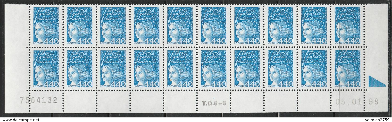 3095 4.40f. Bleu LUQUET  - Bas Feuille X 20 - TD6-6 Du 05.01.98 Avec Repère électronique - 1997-2004 Maríanne Du 14 Juillet