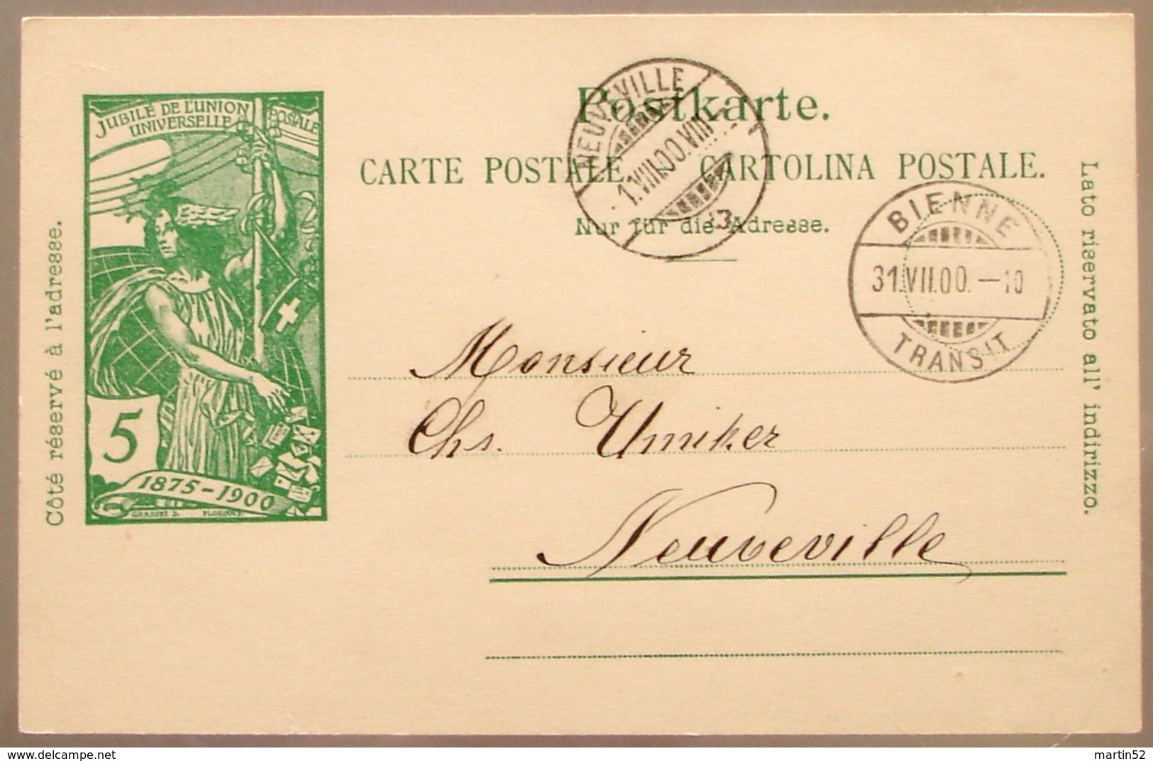 Schweiz Suisse UPU 1900: Bild-PK 5c Grün Vert  Mit Stempel BIENNE 31.VII.00 > LA NEUVEVILLE 1.VIII.00 - Entiers Postaux