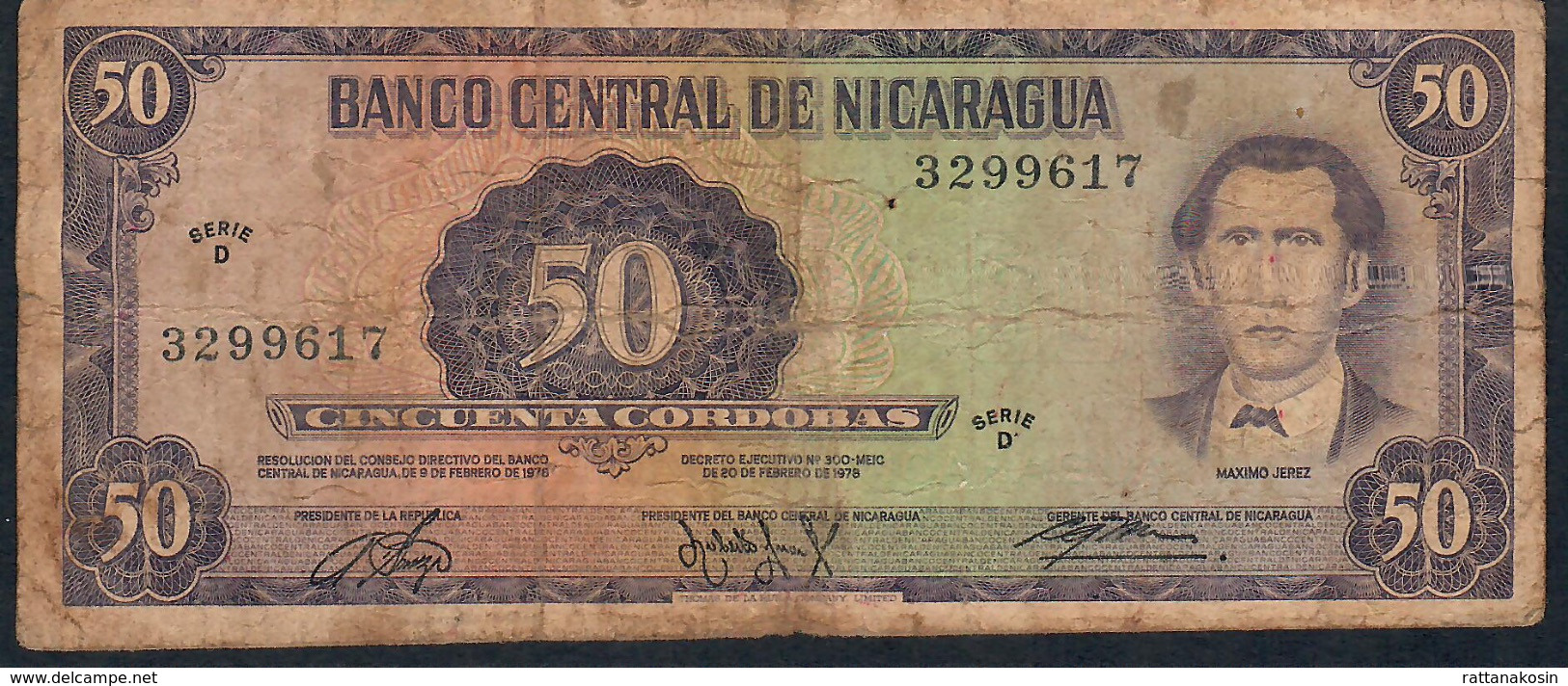 NICARAGUA P130a 50 CORDOBAS 1978 Signature 4a SCARCE SIGNATURE VARIETY WITH DOT Serie D    VG-F - Nicaragua
