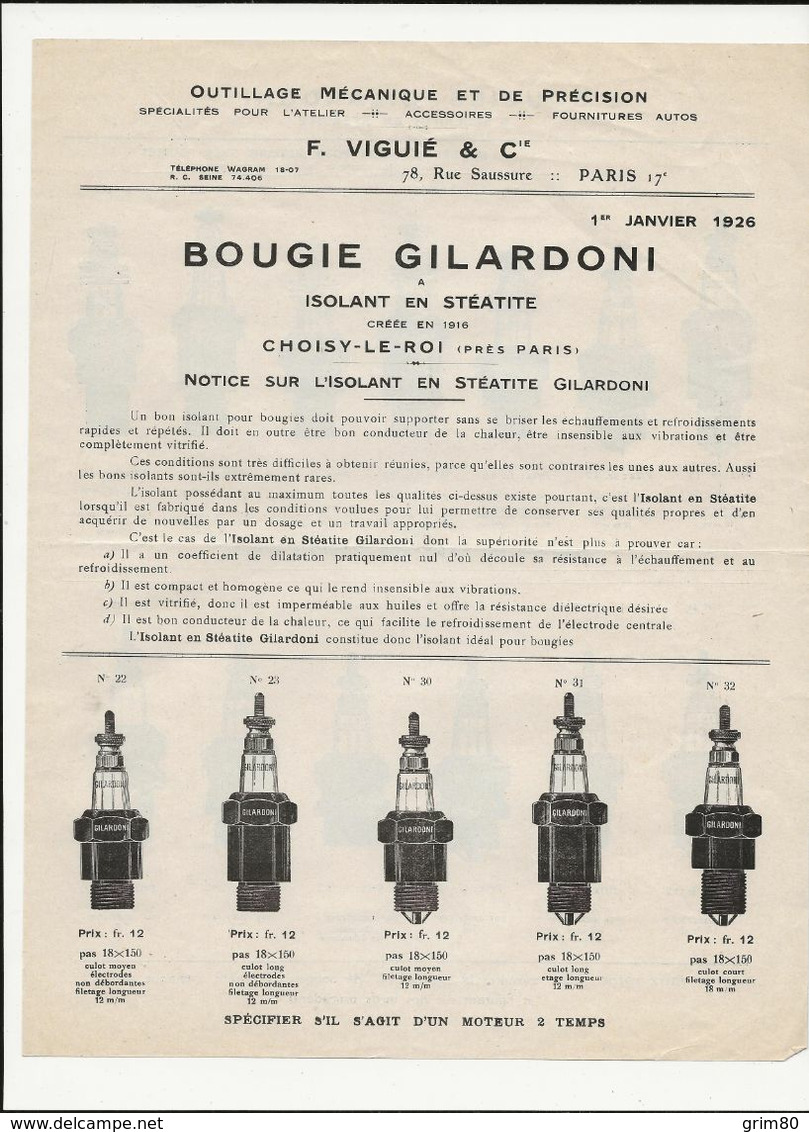 FEUILLE   BOUGIES   GILARDONI      F.VIGUIE  &  CIE   PARIS - Non Classificati
