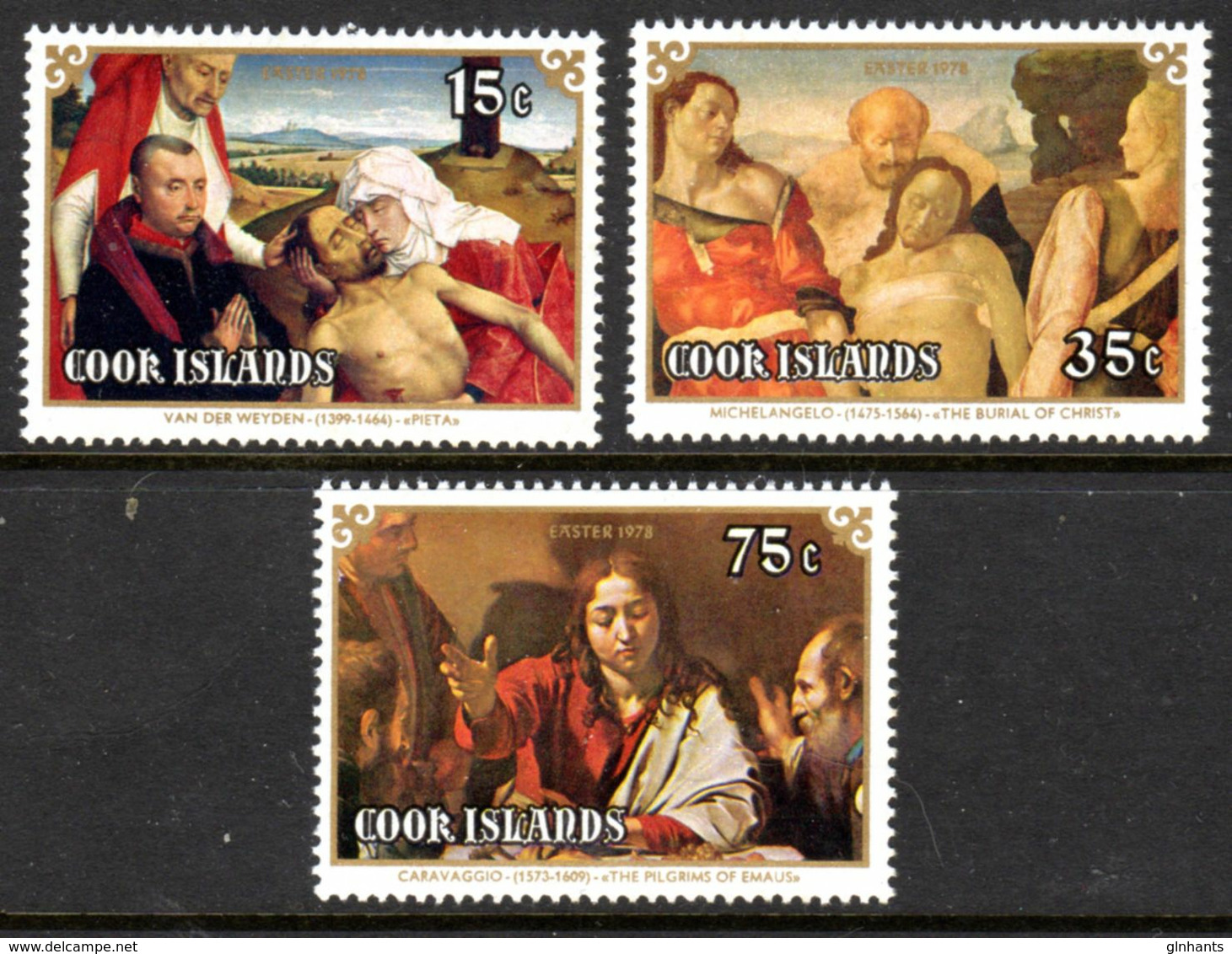 COOK ISLANDS - 1978 EASTER PAINTINGS CARAVAGGIO MICHELANGELO ETC SET (3V) FINE MNH ** SG 588-590 - Cook Islands