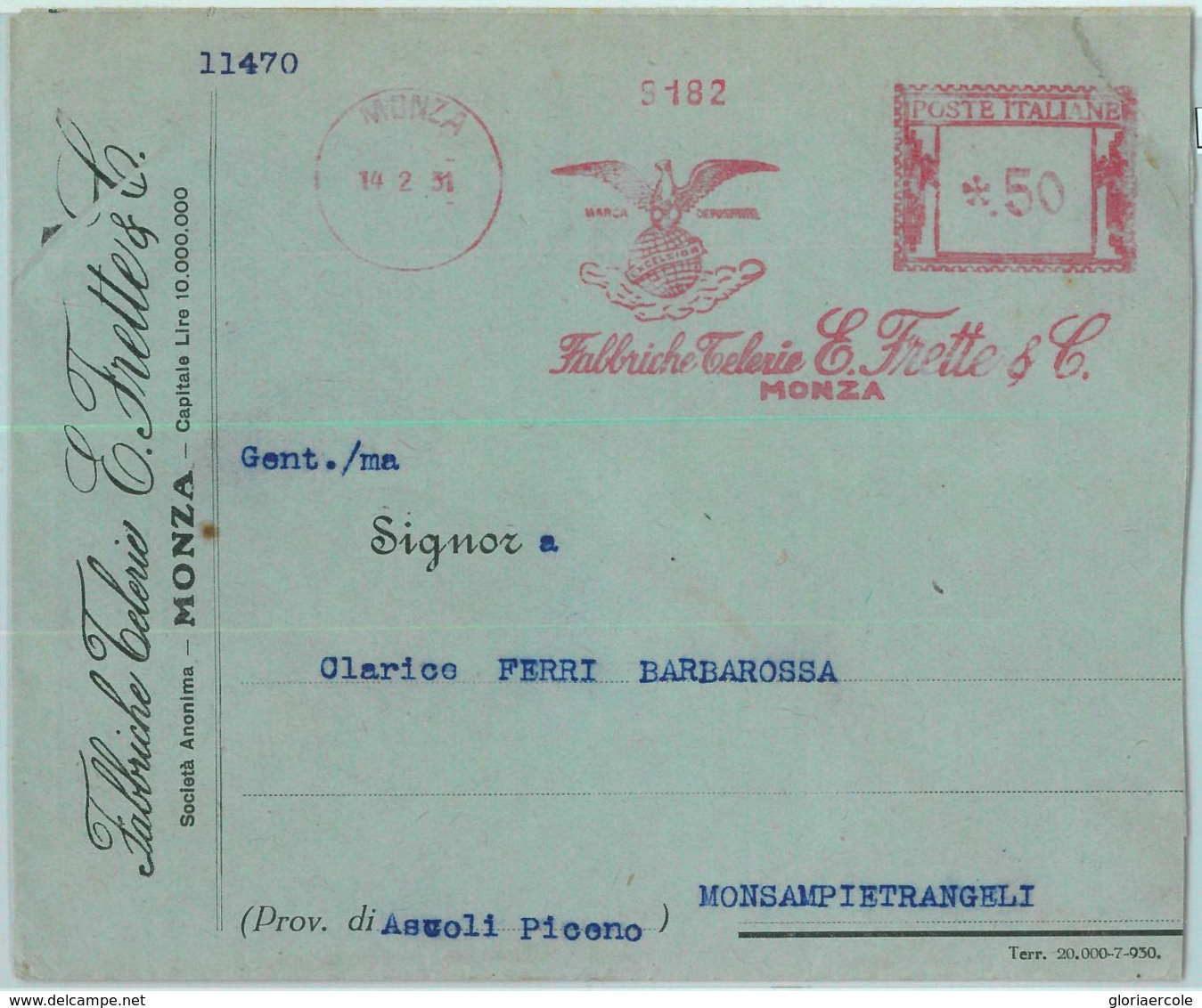 91106 - ITALY - POSTAL HISTORY - RED Mechanical Postmak - BIRDS EagleS LINEN 1931 - Oblitérations & Flammes