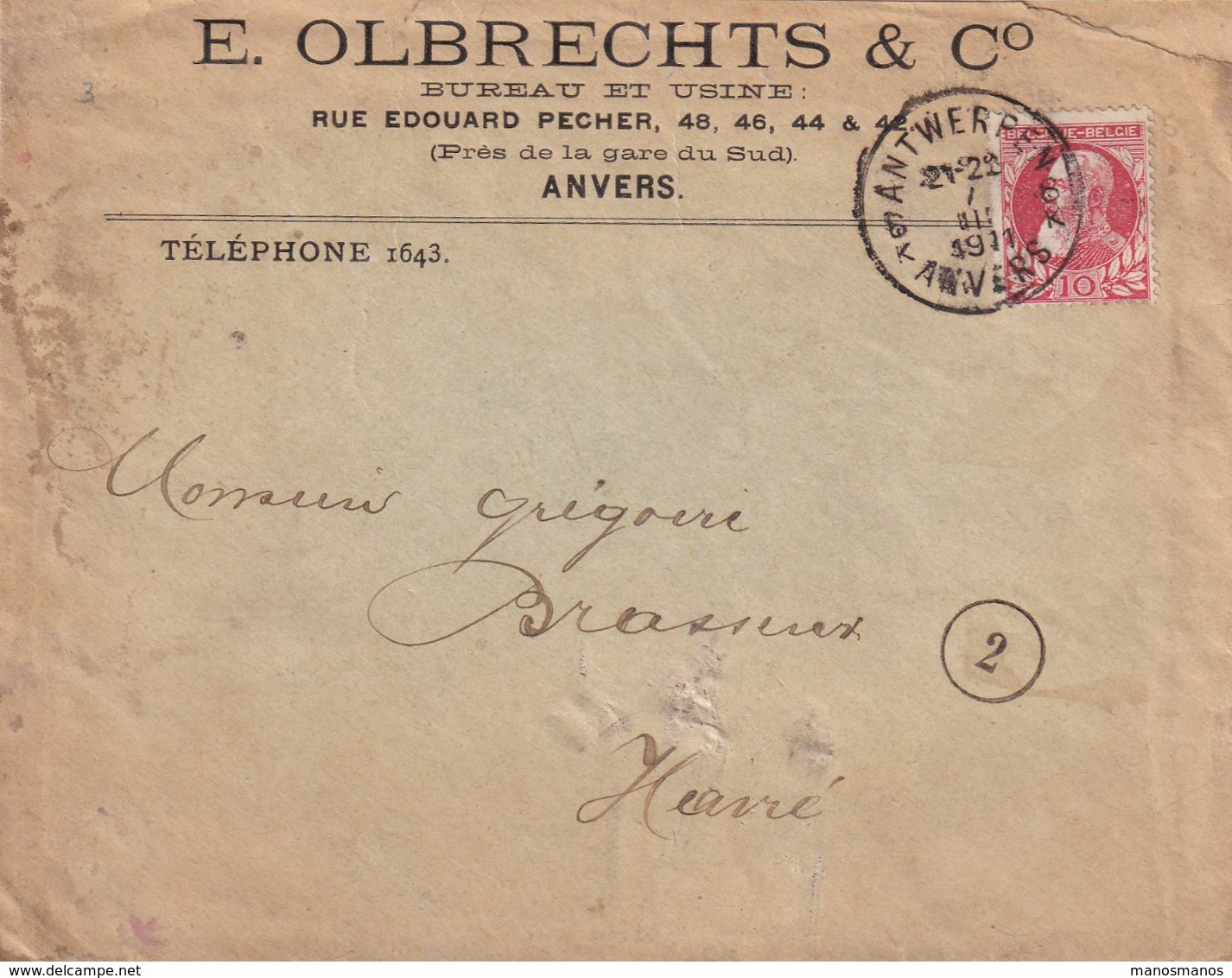 DDX 733 - BRASSERIE Belgique - Vers Brasseur Grégoire à HAVRE Sur Enveloppe TP Grosse Barbe ANTWERPEN 1911 - Bières