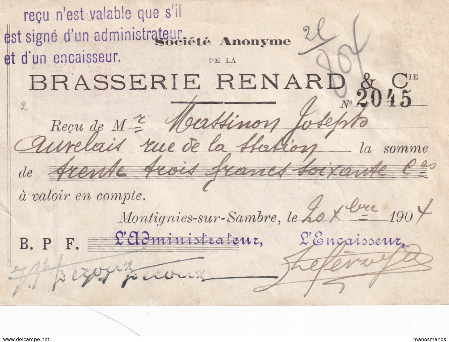 DDX 735 - BRASSERIE Belgique - Reçu De La Brasserie Renard à MONTIGNIES Sur Sambre Vers AUVELAIS - TP FIne Barbe 1904 - Biere