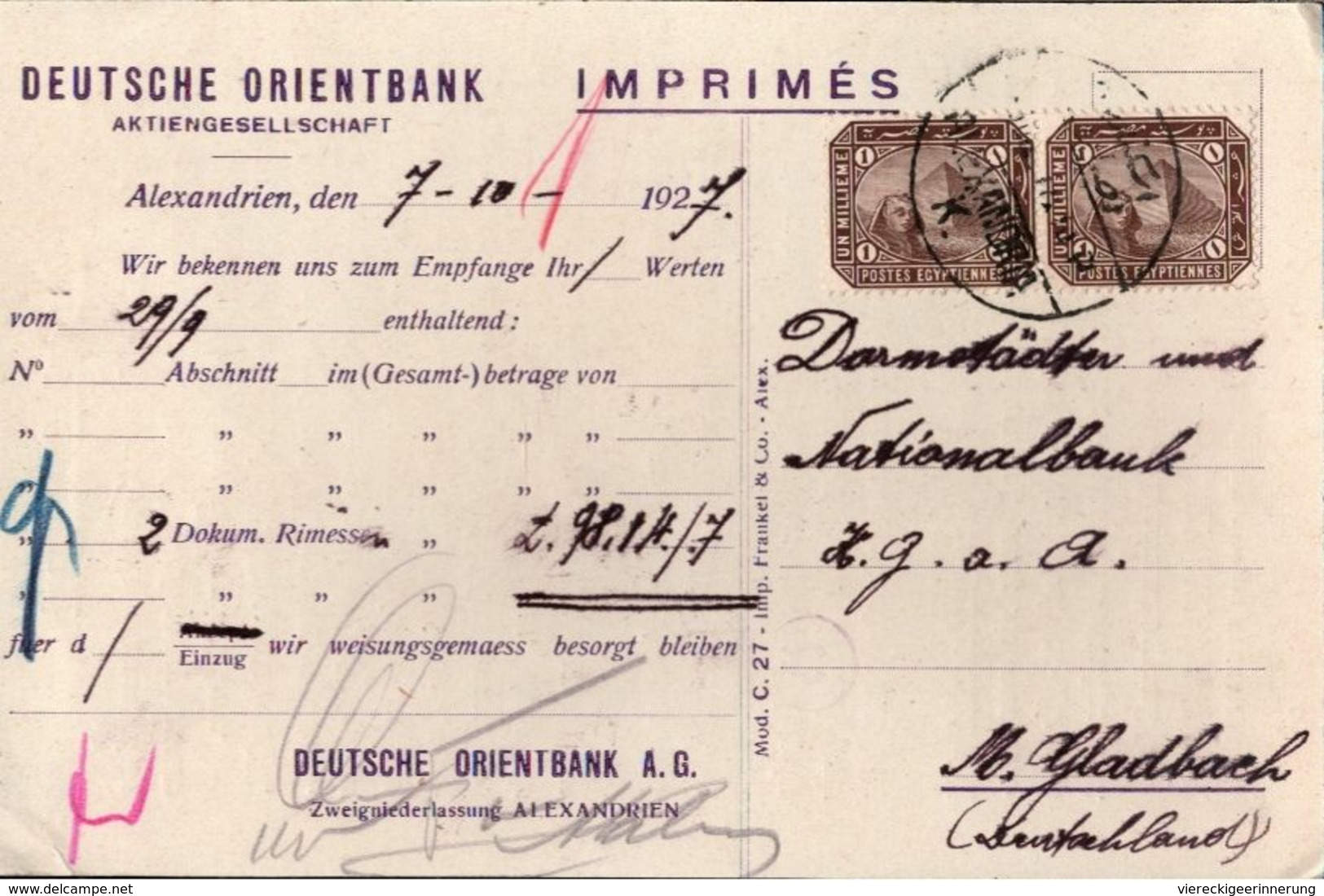 ! 1927 Deutsche Orientbank Alexandria, Ägypten, Egypt - Covers & Documents