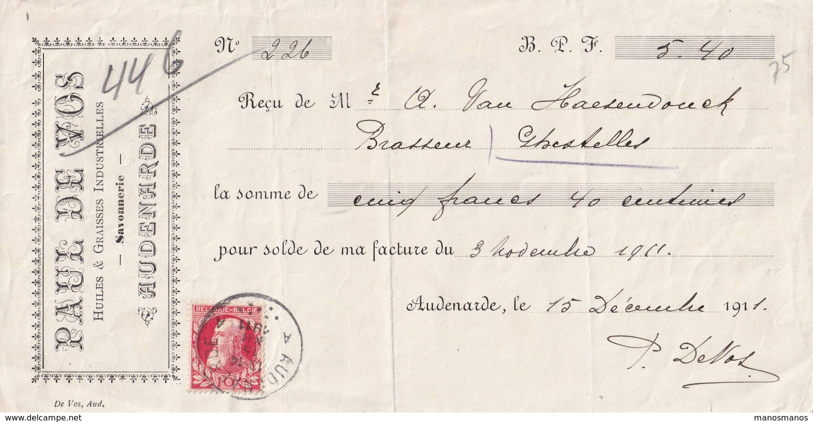 DDX 736 - BRASSERIE Belgique - Reçu Du Brasseur Van Haesendonck à GHISTELLES - TP Grosse Barbe AUDENAERDE 1911 - Bières