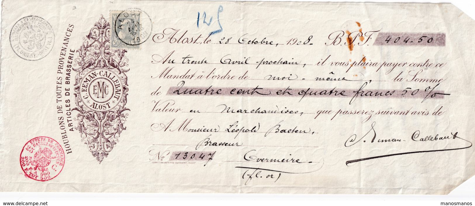 DDX 740 - BRASSERIE Belgique - Mandat à Payer Par Le Brasseur Léopold Baeten à OVERMEIRE - TP Grosse Barbe ALOST 1909 - Cervezas