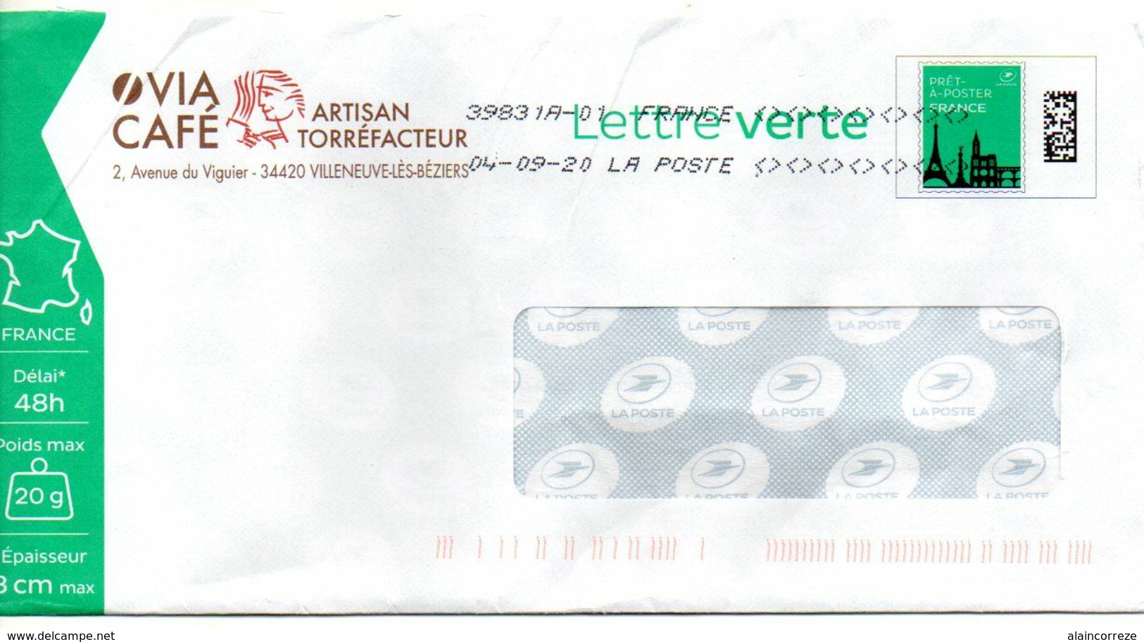 Entier Postal PAP Repiqué Privé Hérault  Villeneuve Les Béziers Via Café Artisan Torréfacteur - Prêts-à-poster:private Overprinting