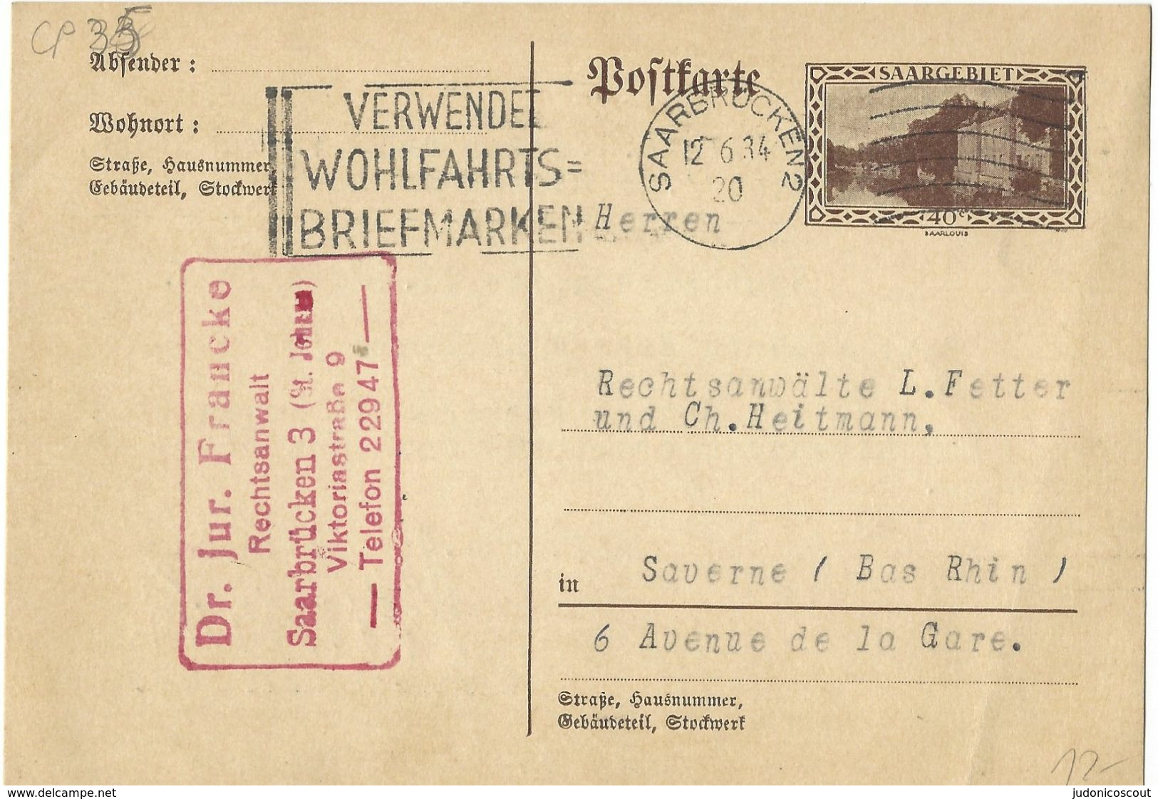 SAARGEBIET Ganzsache Entier - SAARBRÜCKEN 2 / VERWENDET WOHLFARTS- BRIEFMARKEN 12.6.1934 - Storia Postale