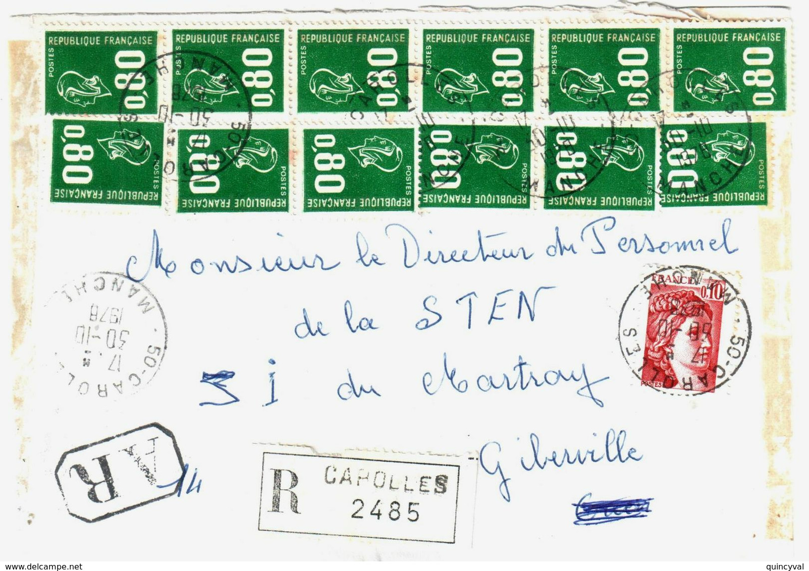 CAROLLES 50 Manche Lettre Recommandée Avec AR 80c Béquet Vert Typo 10c Sabine Yv 1891 1965 Ob 1978 Dest 14 Giberville - 1971-1976 Marianne Van Béquet