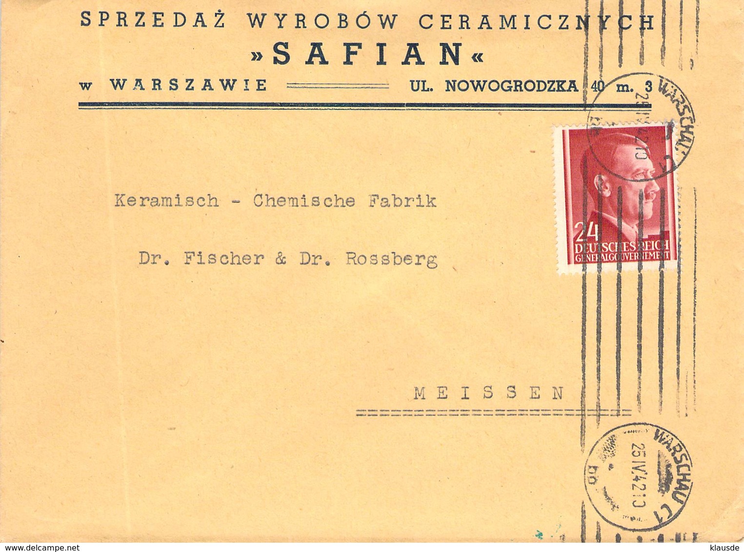 MiNr.78 (EF)  Bedarf Warschau - Meißen MWST 1942 Generalgouvernement - Ocupación 1938 – 45