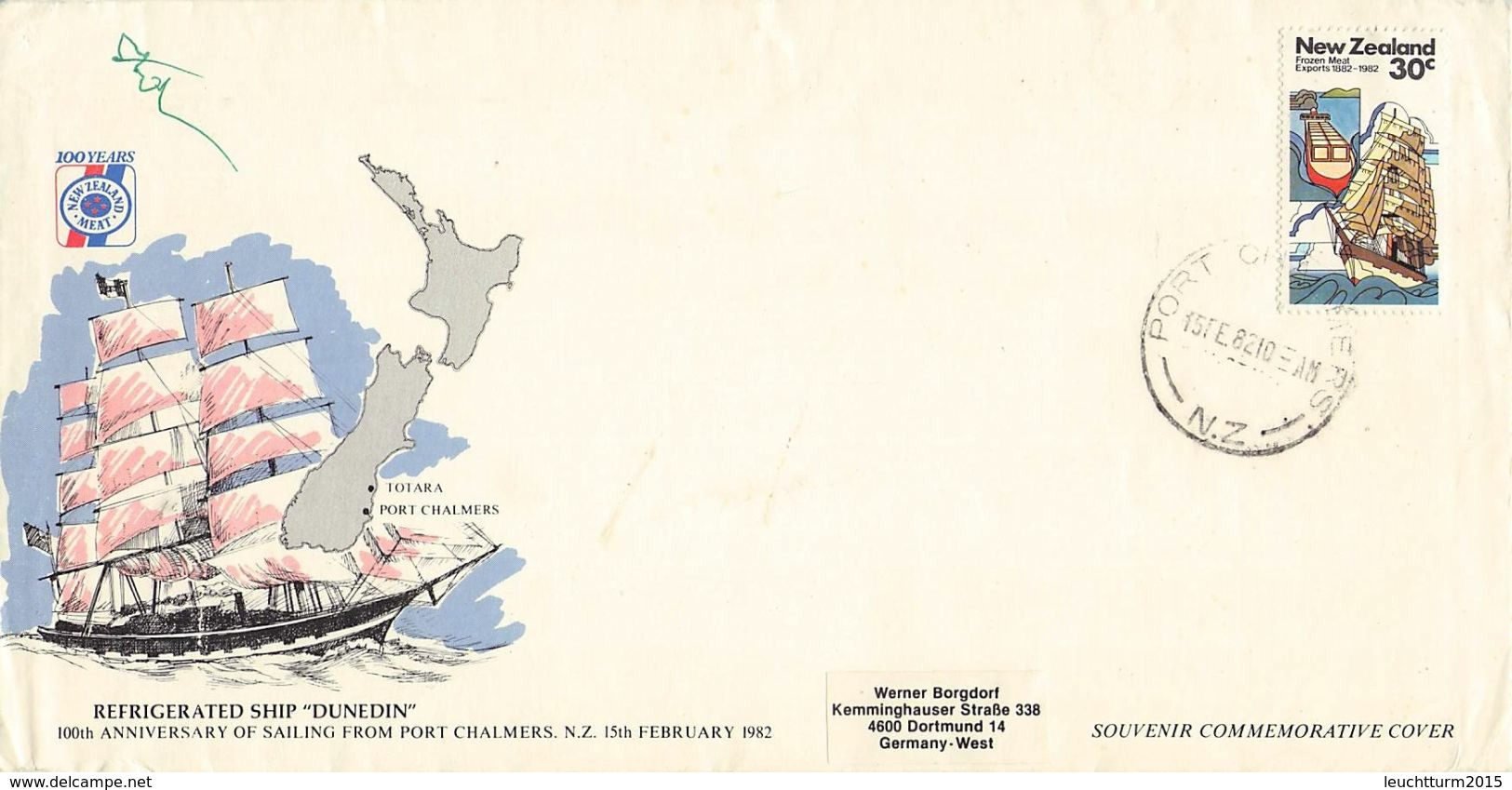 NEW ZEALAND - SOUVENIRCOVER 1982 REFRIGERATED SHIP "DUNEDIN" PORT CHALMERS - GERMANY /AS155 - Cartas & Documentos