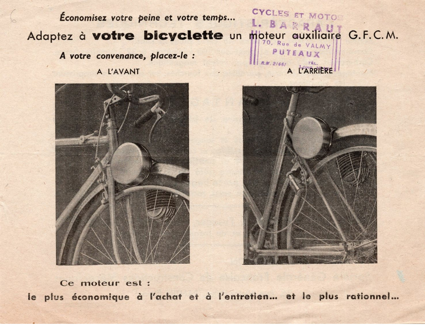 CYCLES Et MOTOS - L.BARRAUT à PUTEAUX / Adaptez à Votre Bicyclette Un Moteur Auxilliaire - Pubblicitari