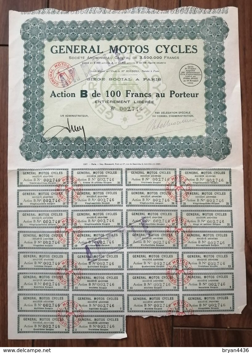ACTION SOCIETE " GENERAL MOTOS " - 1928 - ACTION "B" De 100 Francs Au PORTEUR. - Transports