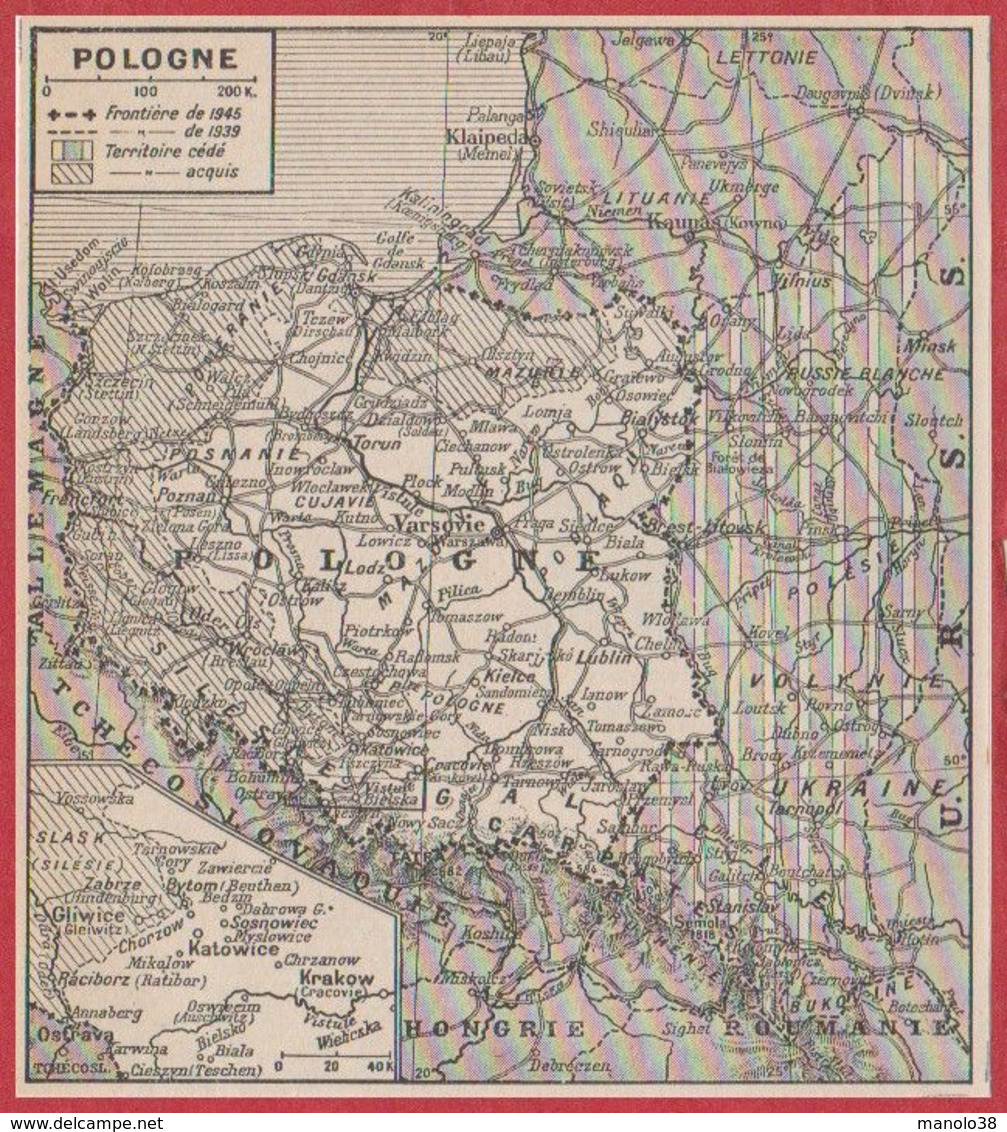 Pologne. Carte Avec Les Frontières De 1945, De 1939. Les Territoires Cédés Et Acquis. Larousse 1954. - Documents Historiques