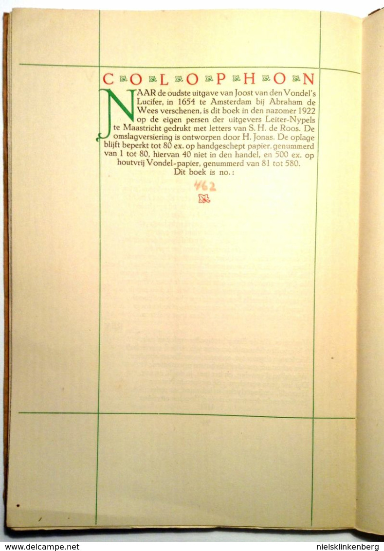 VONDEL, JOOST VAN DEN Lucifer. Treurspel. Praecipitemque immani turbine adegit. Maastricht, Leiter-Nypels, 1922.