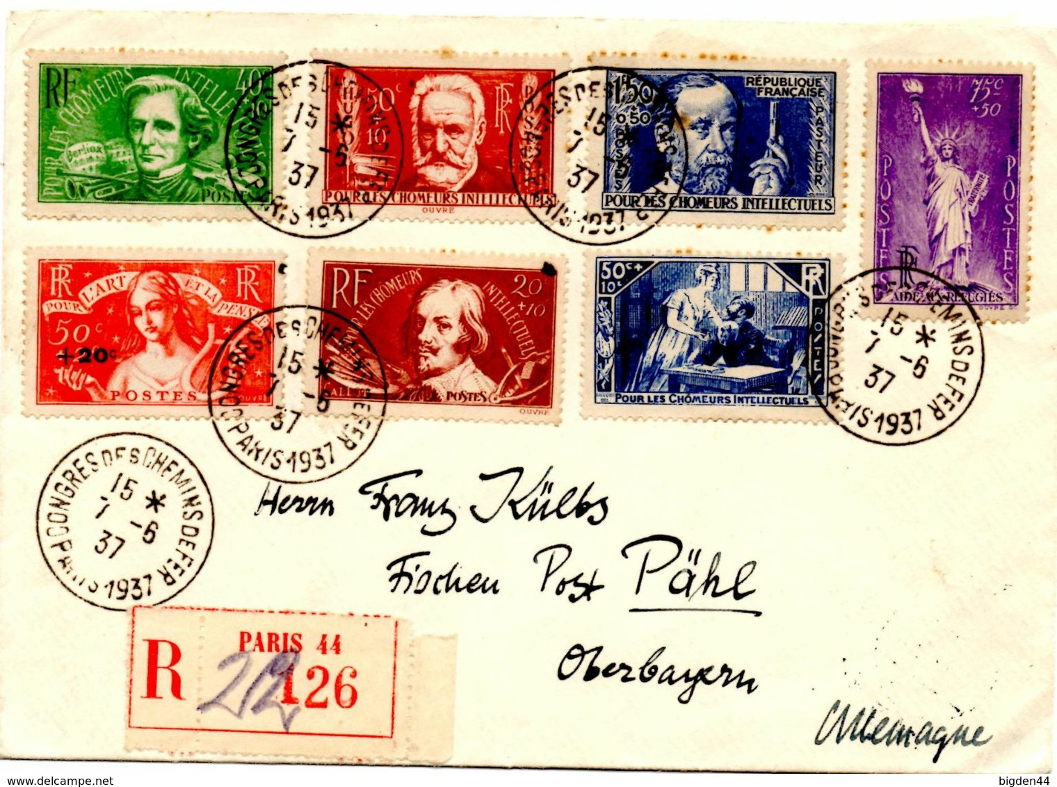 Lettre Recommandée De Paris Congres Chemins De Fer 1937 Pour Pähl Allemagne Liberté Pasteur - 1877-1920: Période Semi Moderne