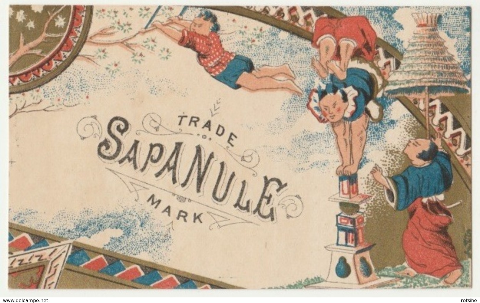 1800's Victorian American Trade Card Sapanule Medicine Japanese Chinese Acrobats Circus Chromo Américaine Fond Or - Other & Unclassified