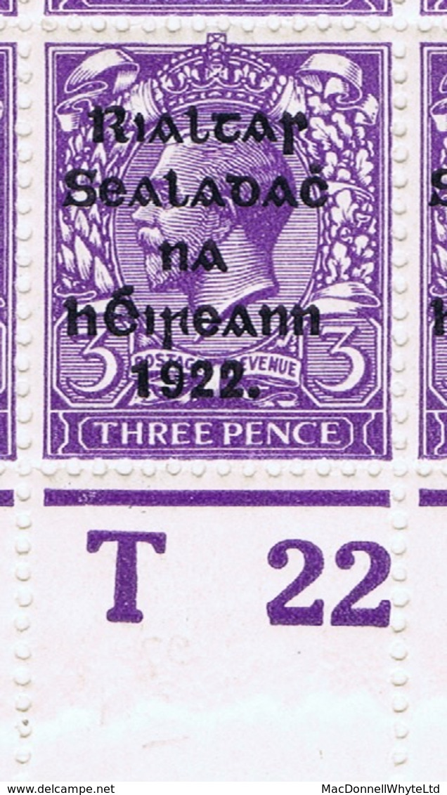 Ireland 1922 Thom Rialtas Blue-black 3d Violet Control T22 Perf Corner Blocks Of 6 Ovpt Plate 6, Plate 8 Mint - Ongebruikt